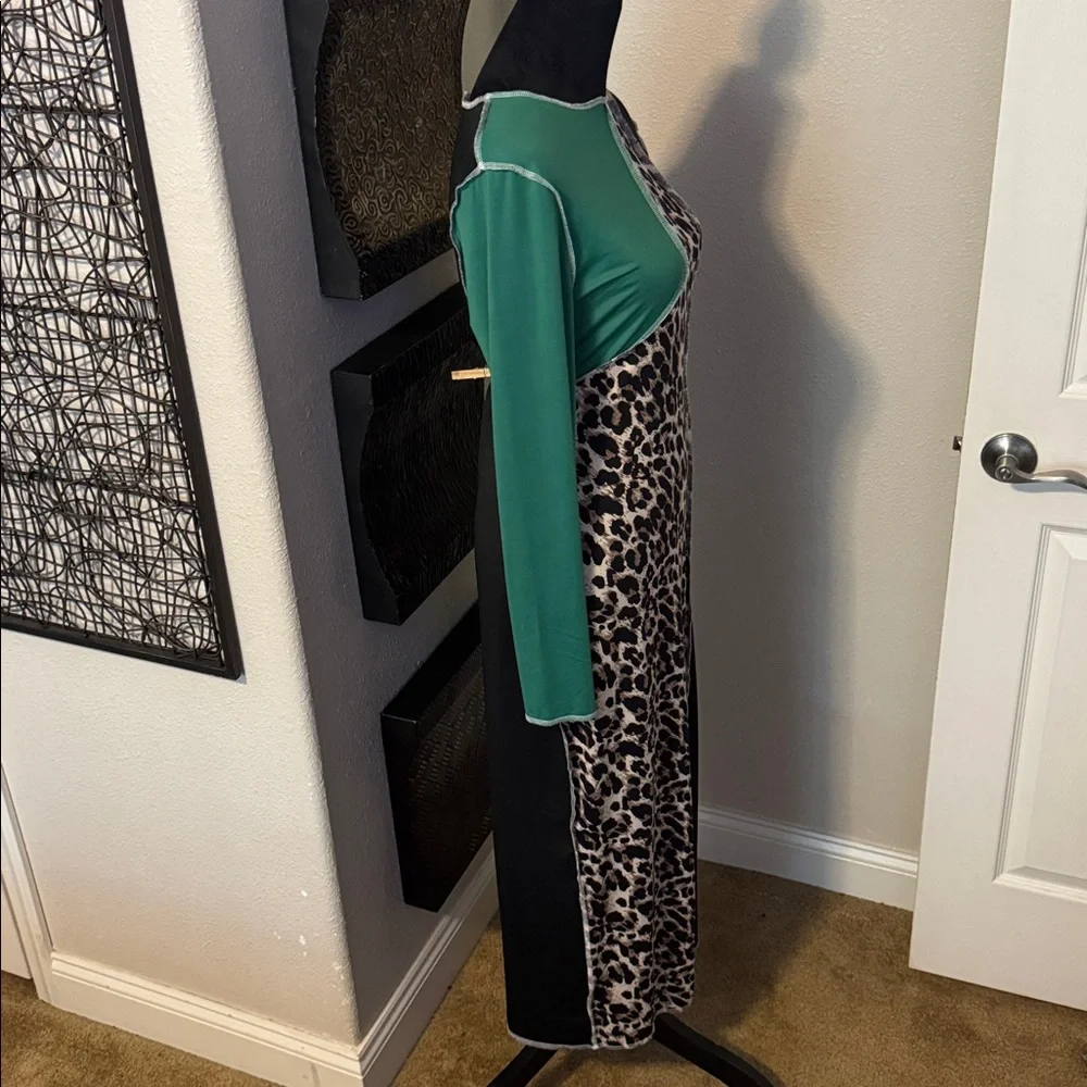 Leopard Print and Green Long Sleeve Dress - Picture 3 of 5